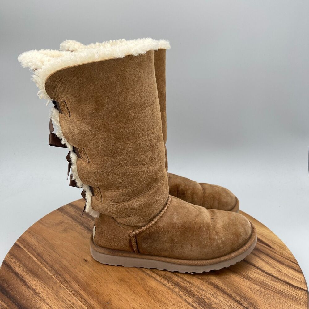 UGG Bailey Bow Tall Boots Womens Size 6 Brown Suede Shearling Casual Winter